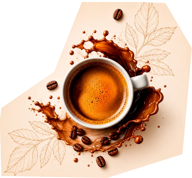 Tasse Romantic Espresso mit Kaffeebohnen und Blättern