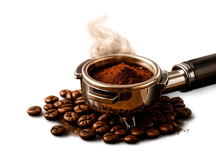 Siebträger mit gemahlenem Kaffee und Kaffeebohnen
